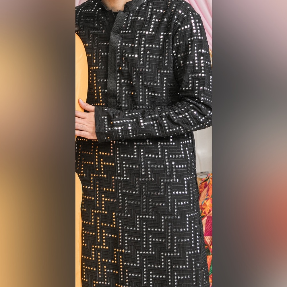 Black kurta with thread and mirror work and black pajami